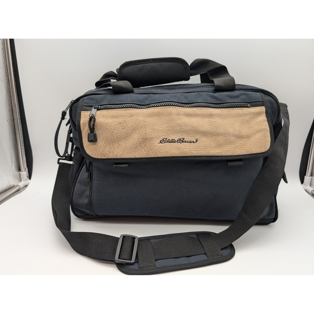 Eddie Bauer Navy Blue Canvas Diaper Bag Messenger Travel Tote Tan Trim Pockets